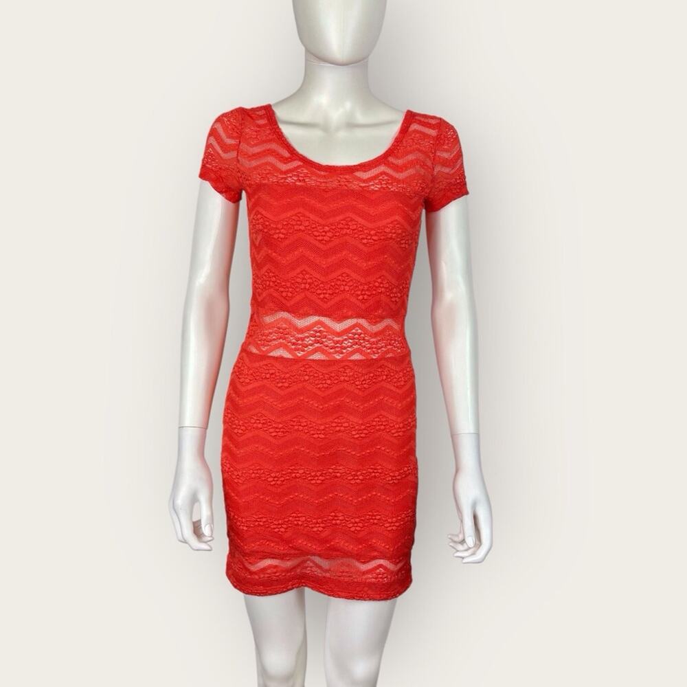Free People Lace Mini Dress Body Con Red Orange Short Sleeved Size XS - Picture 6 of 9